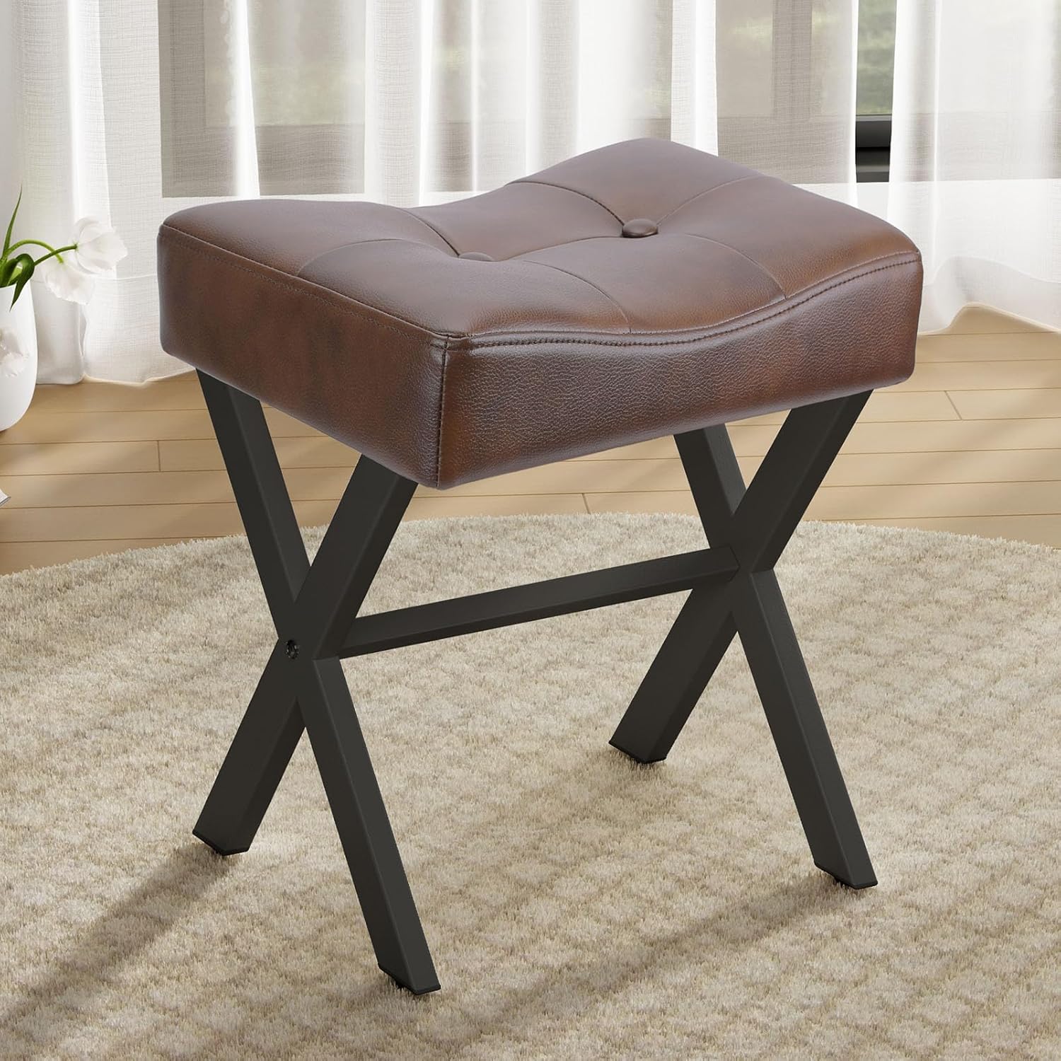 18-Inch Leather Vanity Stool Chair, Vanity Bench with Metal X-Leg, Ottoman Accent Stool with Thick Padded Saddle Seat, Black