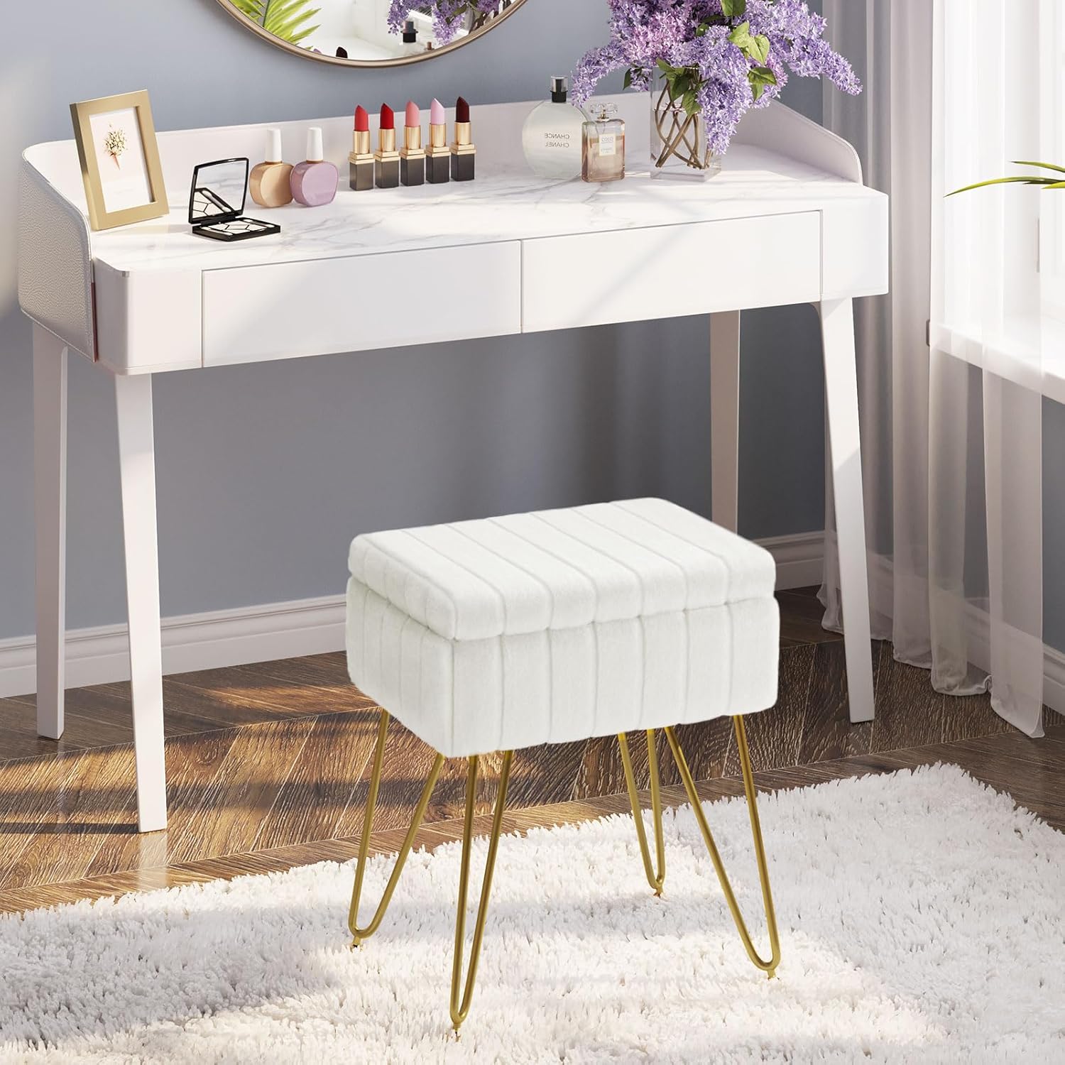 Greenstell Vanity Stool Chair Faux Fur with Storage, 15.7"L x 11.8"W x 19.4"H Soft Ottoman 4 Metal Legs with Anti-Slip Feet, Furry Padded Seat, Modern Multifunctional Chairs for Makeup, Bedroom White