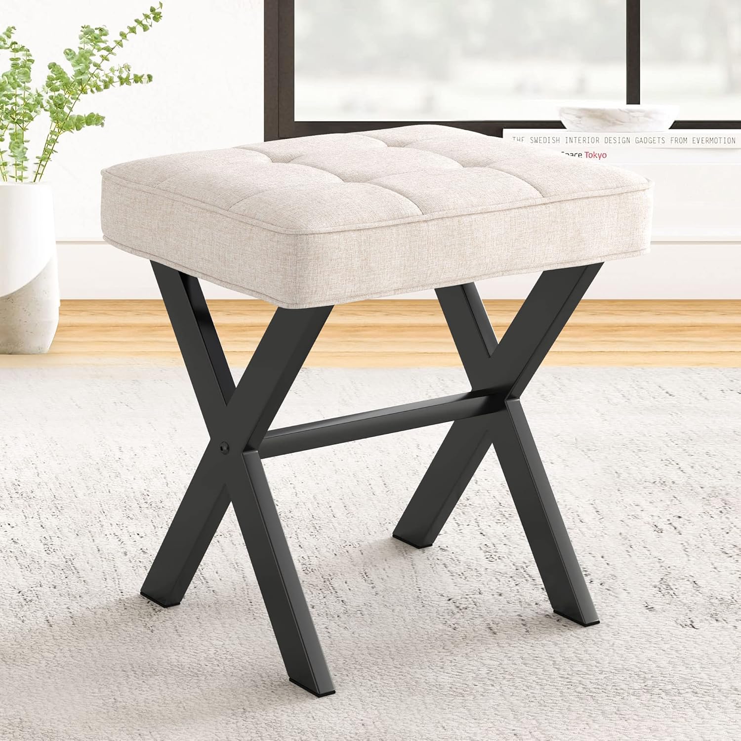 LUE BONA Square Linen Makeup Stool, Metal X Legs, Small Ottoman Stool Chair for Vanity, Modern Padded Seat Foot Rest for Makeup Room, Bathroom