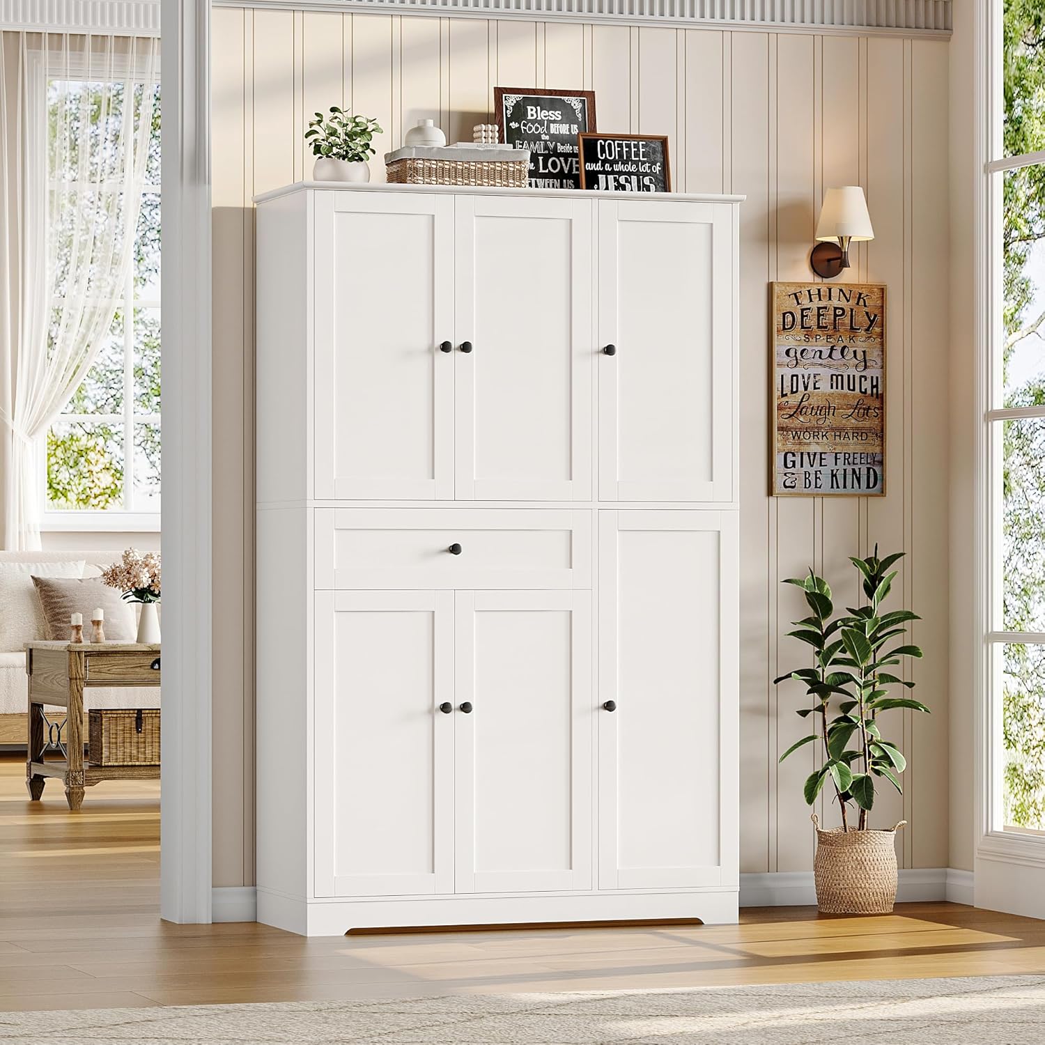 HOSTACK 68" Tall Kitchen Pantry Storage Cabinet, Modern Kitchen Hutch Cabinet with Doors and Shelves, Freestanding Food Pantry with Large Storage Drawer for Dining Room, Living Room, White