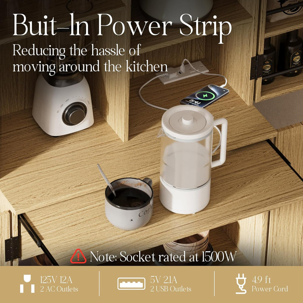 71" Fluted Pantry Storage Cabinet with Charging Station, Wood Cupboard with Extendable Counter, Adjustable Shelves &Door Racks for Kitchen, Dining Room, Living Room, Natural Oak