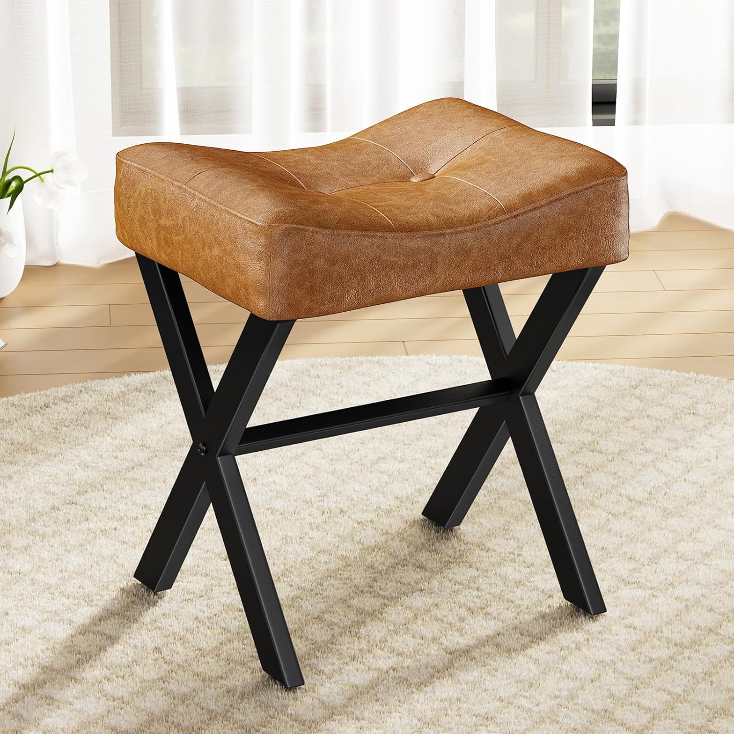 18-Inch Leather Vanity Stool Chair, Vanity Bench with Metal X-Leg, Ottoman Accent Stool with Thick Padded Saddle Seat, Black