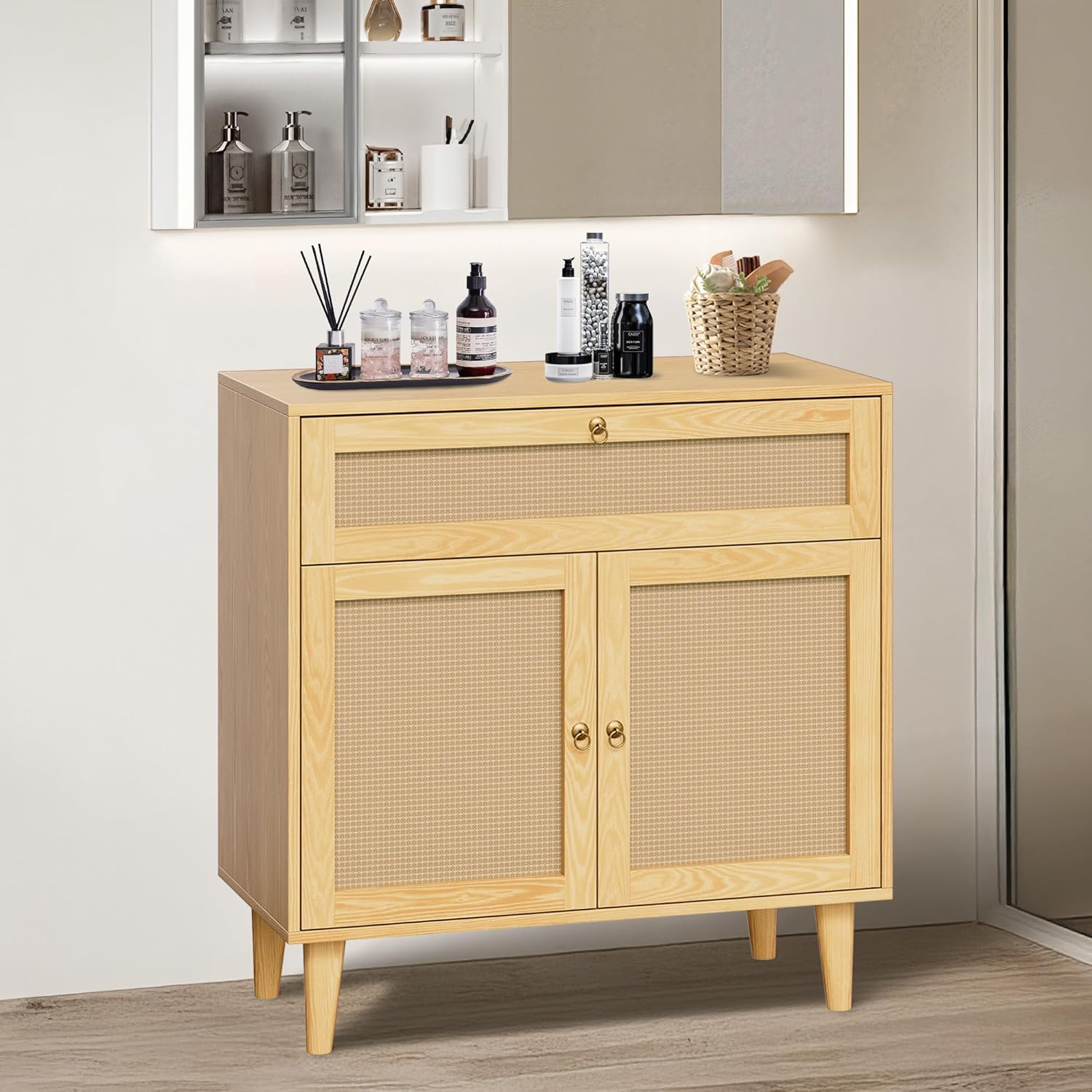Storage Cabinet with Rattan Decor Doors & Drawer, Modern Bathroom Floor Storage Cabinet Organizer, Freestanding Cupboard for Kitchen/Living Room Use
