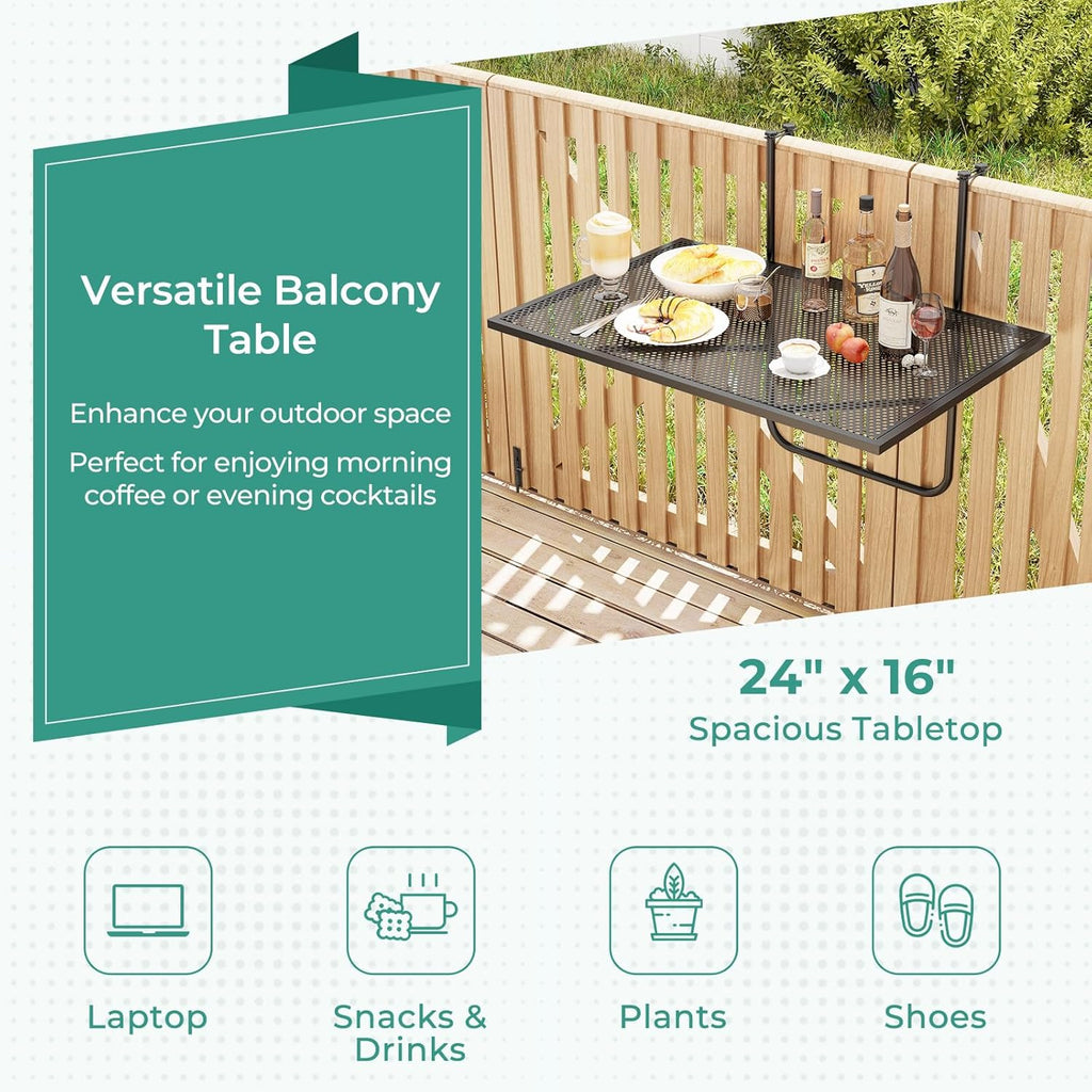 Tangkula Balcony Railing Table, Outdoor Folding Hanging Table with Metal Frame, Space-Saving Bar Serving Table Fits Railings Up to 2.4” Thick for Patio, Porch, Deck