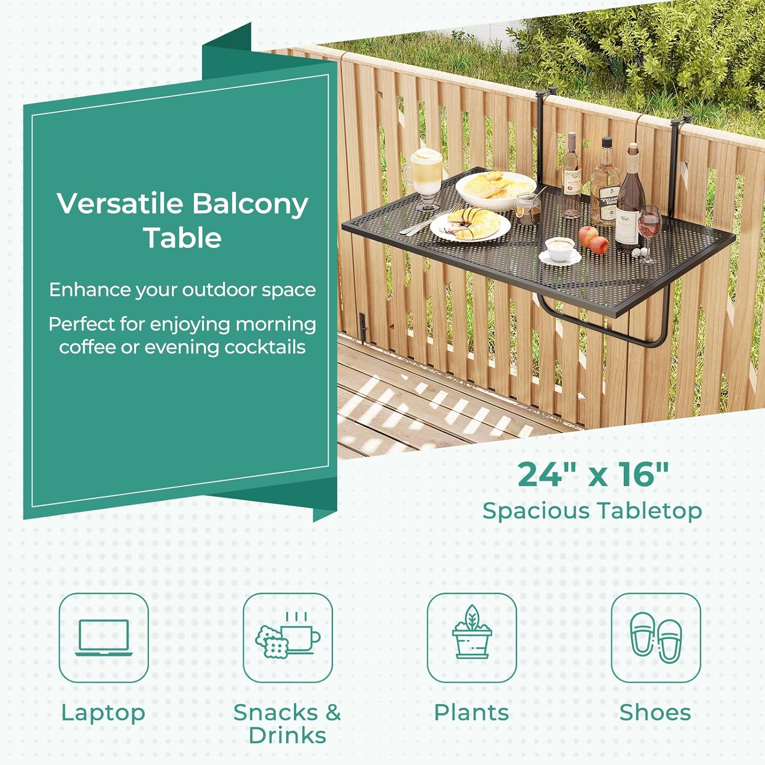 Tangkula Balcony Railing Table, Outdoor Folding Hanging Table with Metal Frame, Space-Saving Bar Serving Table Fits Railings Up to 2.4” Thick for Patio, Porch, Deck