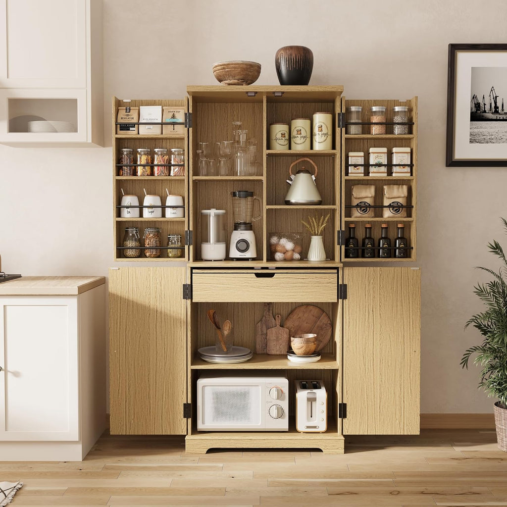 71" Fluted Pantry Storage Cabinet with Charging Station, Wood Cupboard with Extendable Counter, Adjustable Shelves &Door Racks for Kitchen, Dining Room, Living Room, Natural Oak