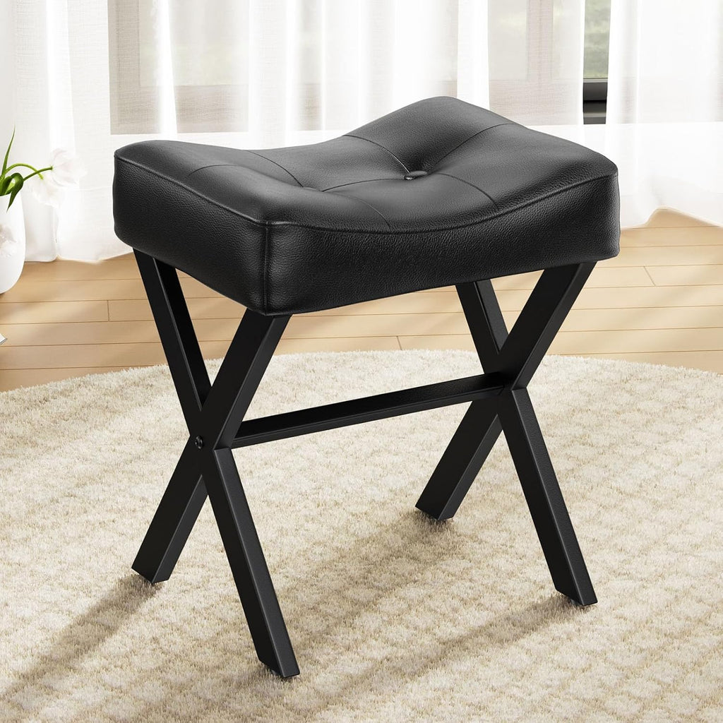 18-Inch Leather Vanity Stool Chair, Vanity Bench with Metal X-Leg, Ottoman Accent Stool with Thick Padded Saddle Seat, Black