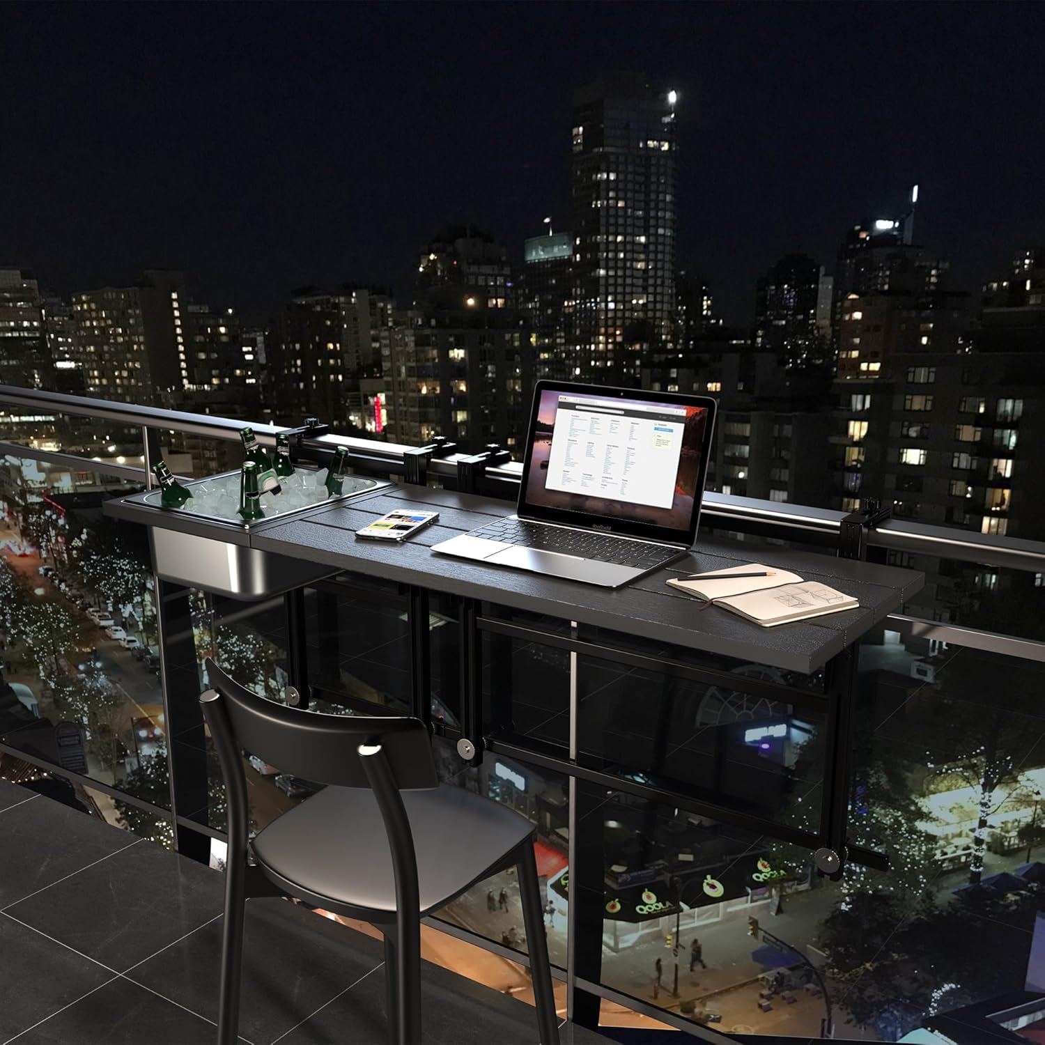 GDLF Upgraded Balcony Table Outdoor Patio Bar Table with Durable Composite Tabletop Aluminum Alloy Frame Hanging Folding Adjustable with Removable Ice Bucket, Easy Assembly (10Mins),43.5" L