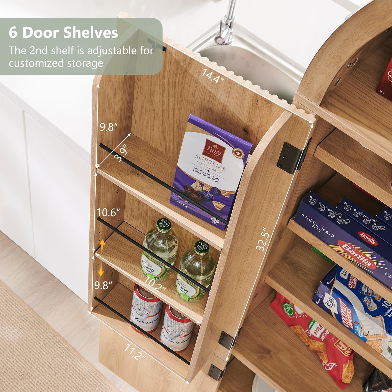 71" Tall Arched Kitchen Pantry, Modern Fluted Wood Storage Cabinet with Doors, 3 Adjustable Shelves, 6 Door Shelves, Organizer, Versatile Cupboard for Kitchen, Bathroom, Natural