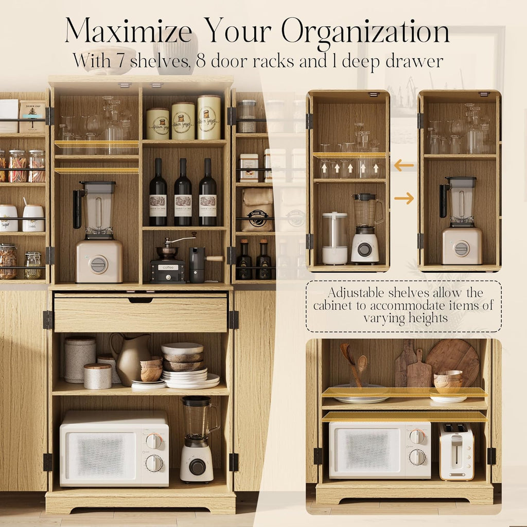 71" Fluted Pantry Storage Cabinet with Charging Station, Wood Cupboard with Extendable Counter, Adjustable Shelves &Door Racks for Kitchen, Dining Room, Living Room, Natural Oak