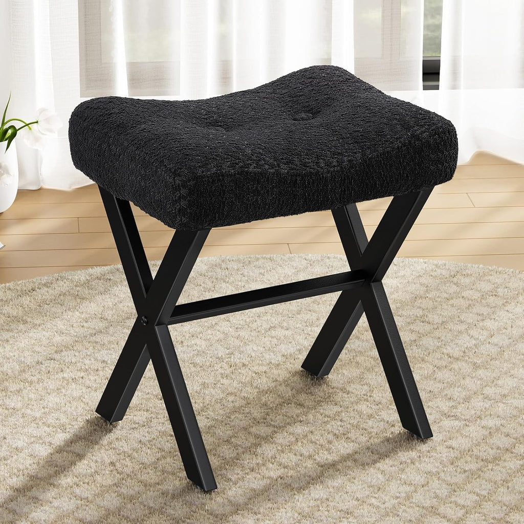 18-Inch Leather Vanity Stool Chair, Vanity Bench with Metal X-Leg, Ottoman Accent Stool with Thick Padded Saddle Seat, Black