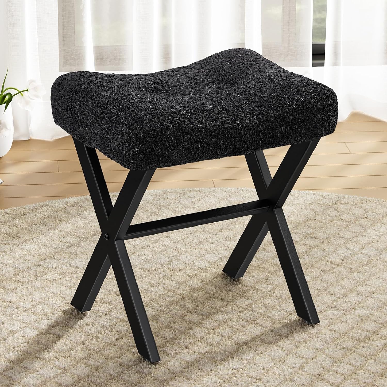 18-Inch Leather Vanity Stool Chair, Vanity Bench with Metal X-Leg, Ottoman Accent Stool with Thick Padded Saddle Seat, Black