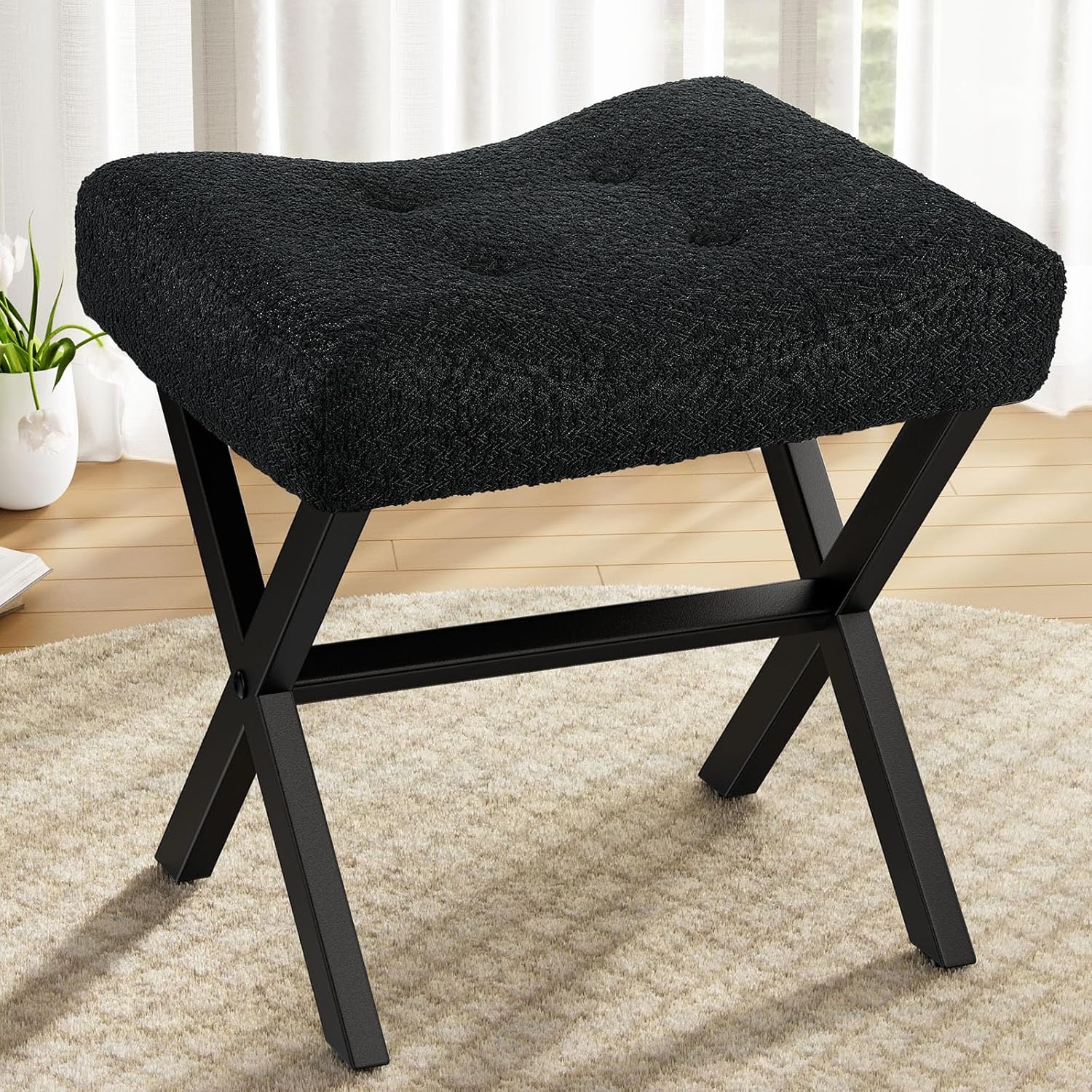 18-Inch Leather Vanity Stool Chair, Vanity Bench with Metal X-Leg, Ottoman Accent Stool with Thick Padded Saddle Seat, Black