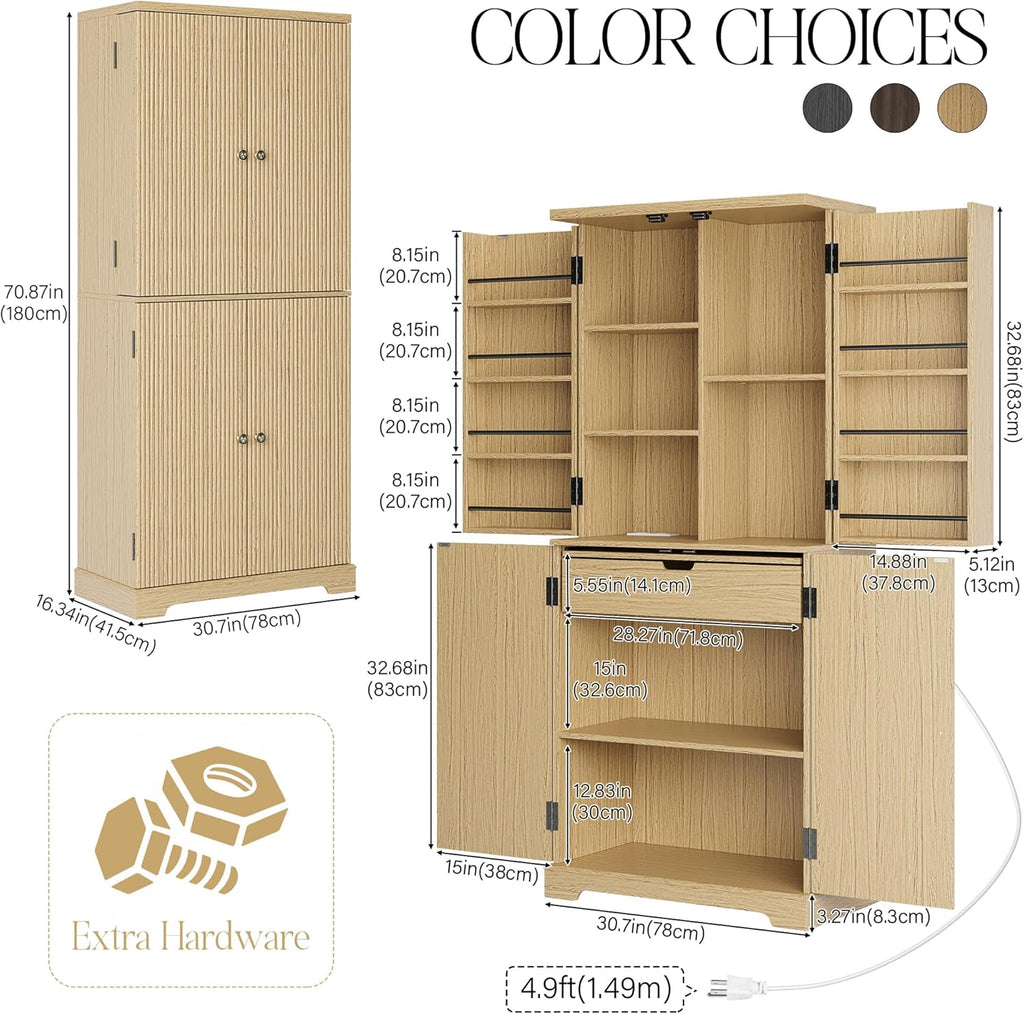 71" Fluted Pantry Storage Cabinet with Charging Station, Wood Cupboard with Extendable Counter, Adjustable Shelves &Door Racks for Kitchen, Dining Room, Living Room, Natural Oak
