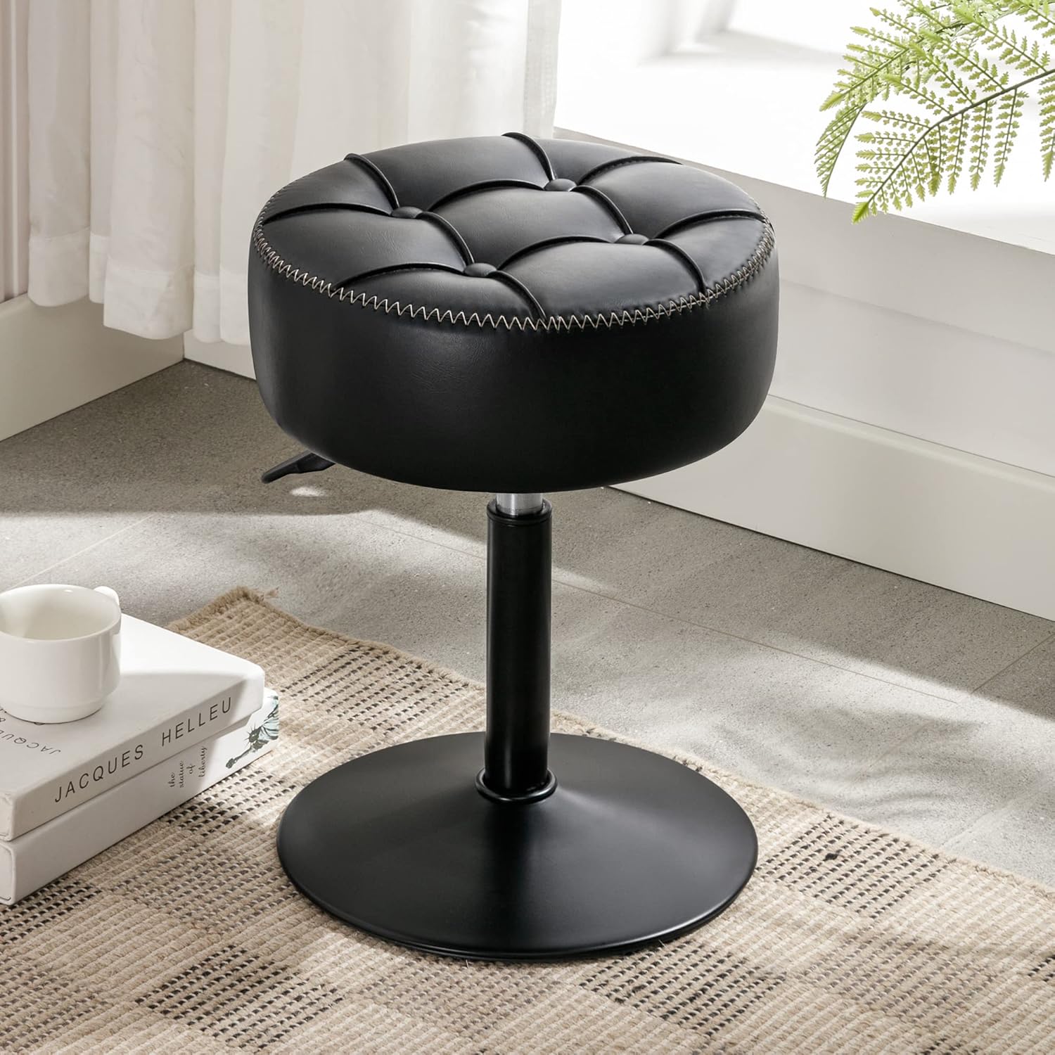 LUE BONA Adjustable Vanity Stool, 360°Swivel Vanity Chair for Makeup Room, Black Stool Chair for Vanity, Small Faux Leather Vanity Stools for Bathroom, Living Room