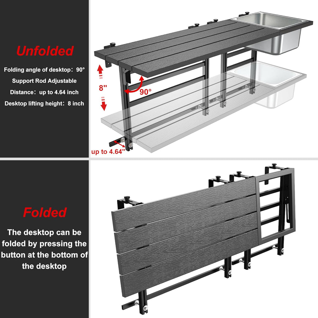 GDLF Upgraded Balcony Table Outdoor Patio Bar Table with Durable Composite Tabletop Aluminum Alloy Frame Hanging Folding Adjustable with Removable Ice Bucket, Easy Assembly (10Mins),43.5" L