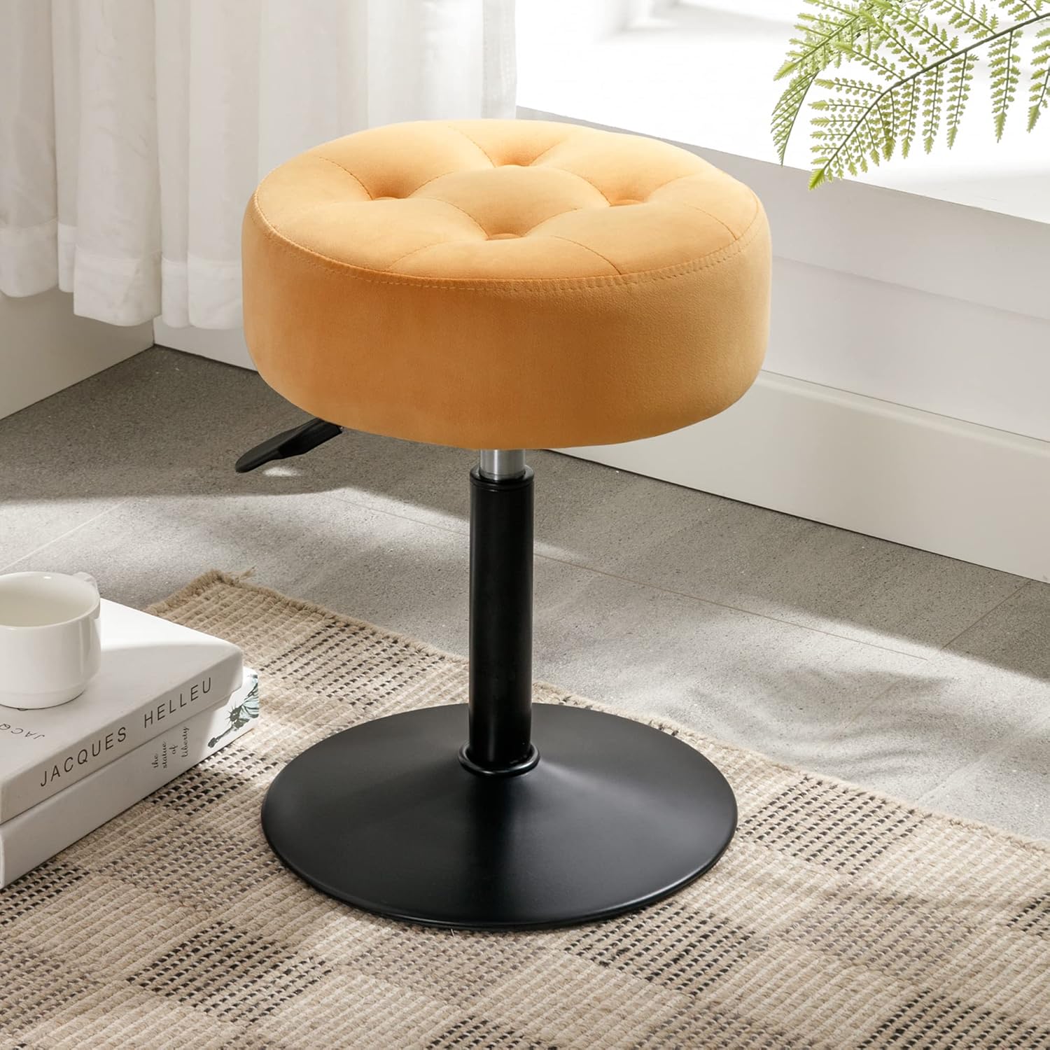 LUE BONA Adjustable Vanity Stool, 360°Swivel Vanity Chair for Makeup Room, Black Stool Chair for Vanity, Small Faux Leather Vanity Stools for Bathroom, Living Room