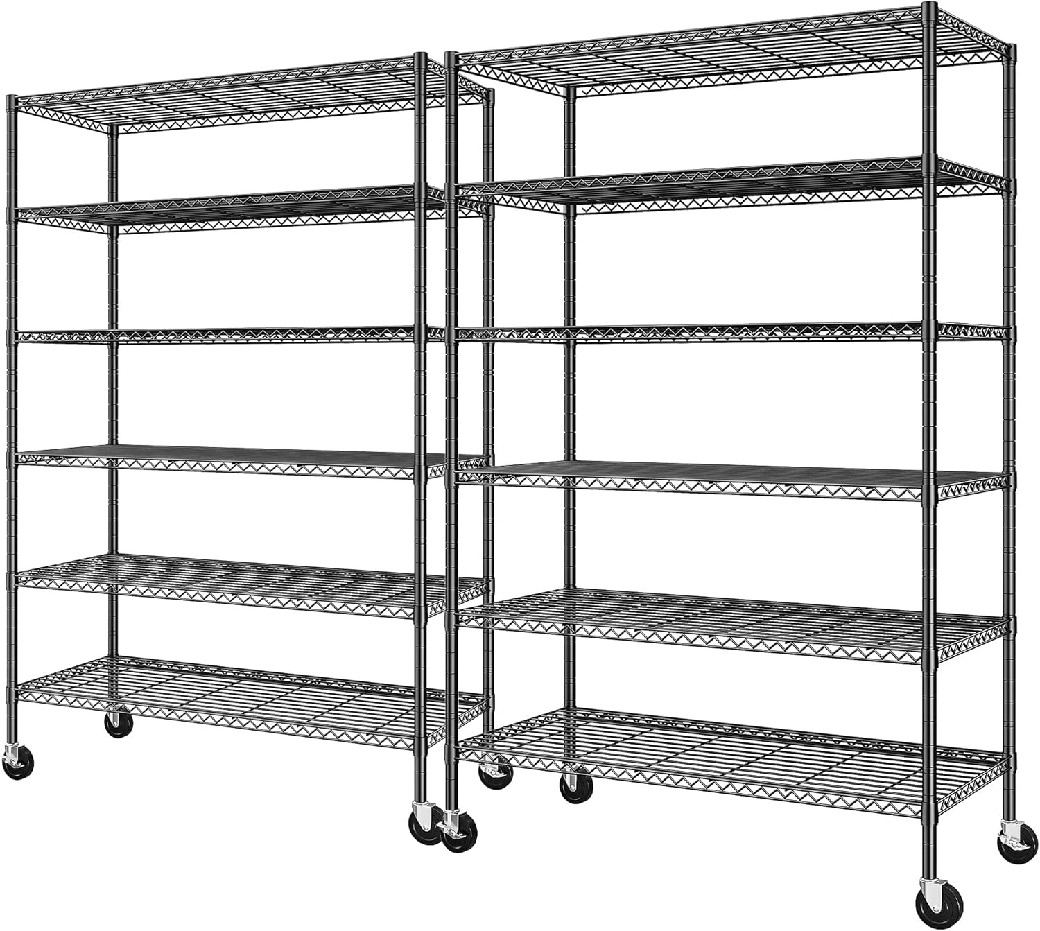 82" H X45 W X18 D Storage Shelves with Wheels, 6 Tier Wire Shelving Adjustable Metal Shelving Pantry Shelves Capacity 1200LBS for Garage Shelving, Pantry, Kitchen, Closet, Commercial, Black