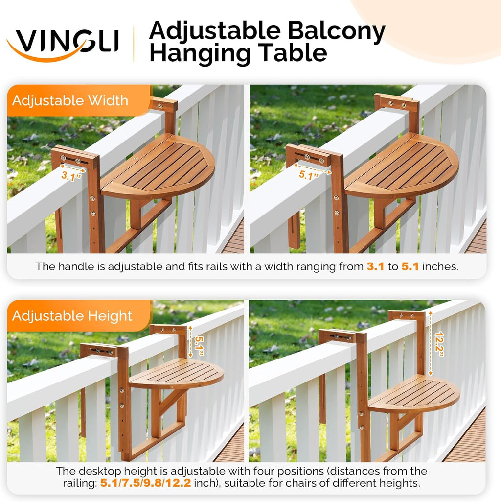 VINGLI Acacia Wood Folding Balcony Hanging Table – Adjustable Height & Width, Balcony Railing Table Ideal for Different Railing Widths, Perfect for Balcony, Patio, Deck, Porch – Semi-Circular
