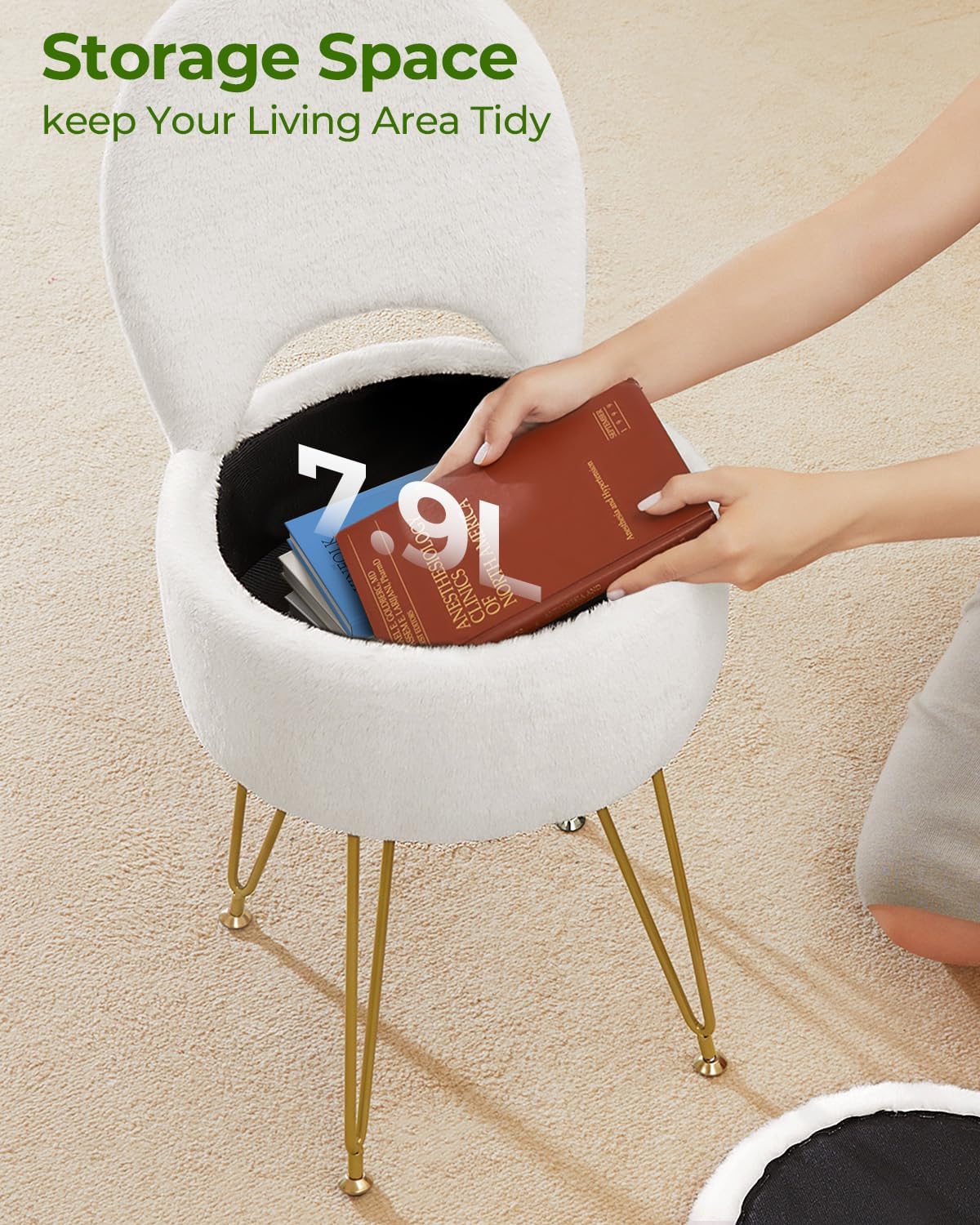 GREENSTELL Small Vanity Stool Chair with Storage and Folding Back, 13" x 13" x 17.7" Faux Fur Soft Ottoman for Teenager, 4 Metal Legs with Anti-Slip Feet, Furry Padded Seat for Makeup, Bedroom, White