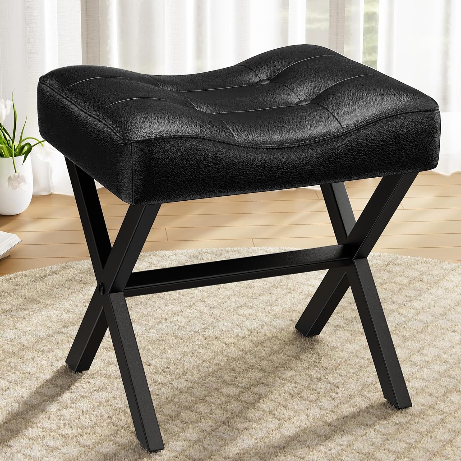 18-Inch Leather Vanity Stool Chair, Vanity Bench with Metal X-Leg, Ottoman Accent Stool with Thick Padded Saddle Seat, Black