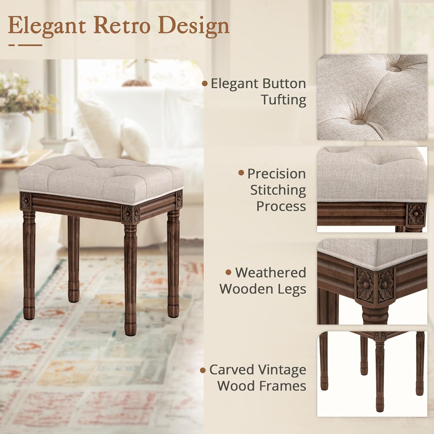 LUE BONA Upholstered Fabric Vanity Bench Seat, Makeup Stools for Vanity, Square Tufted Ottoman Bench with Carved Dark Brown Legs for Bedroom Living Room, Linen Color