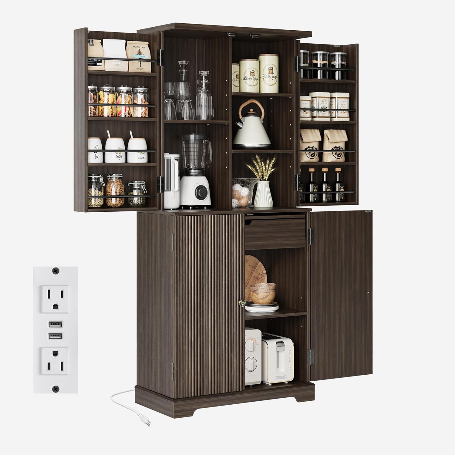 71" Fluted Pantry Storage Cabinet with Charging Station, Wood Cupboard with Extendable Counter, Adjustable Shelves &Door Racks for Kitchen, Dining Room, Living Room, Natural Oak