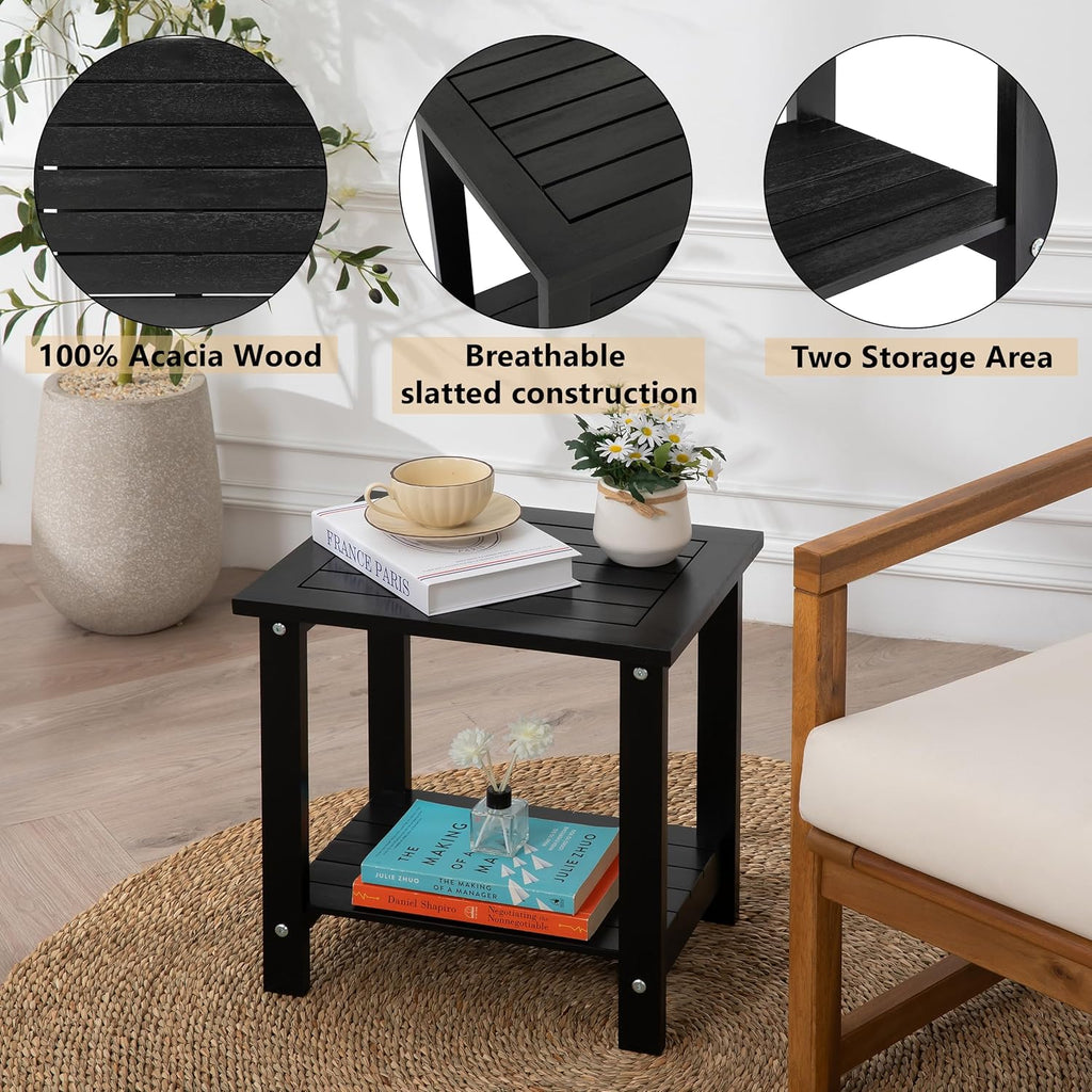 Black Adirondack Outdoor Accent Table – Weather-Resistant Acacia Wood Outdoor End Table with Double Storage, Small Porch Table for Patio, Garden, Lawn, Balcony, and Living Room Use