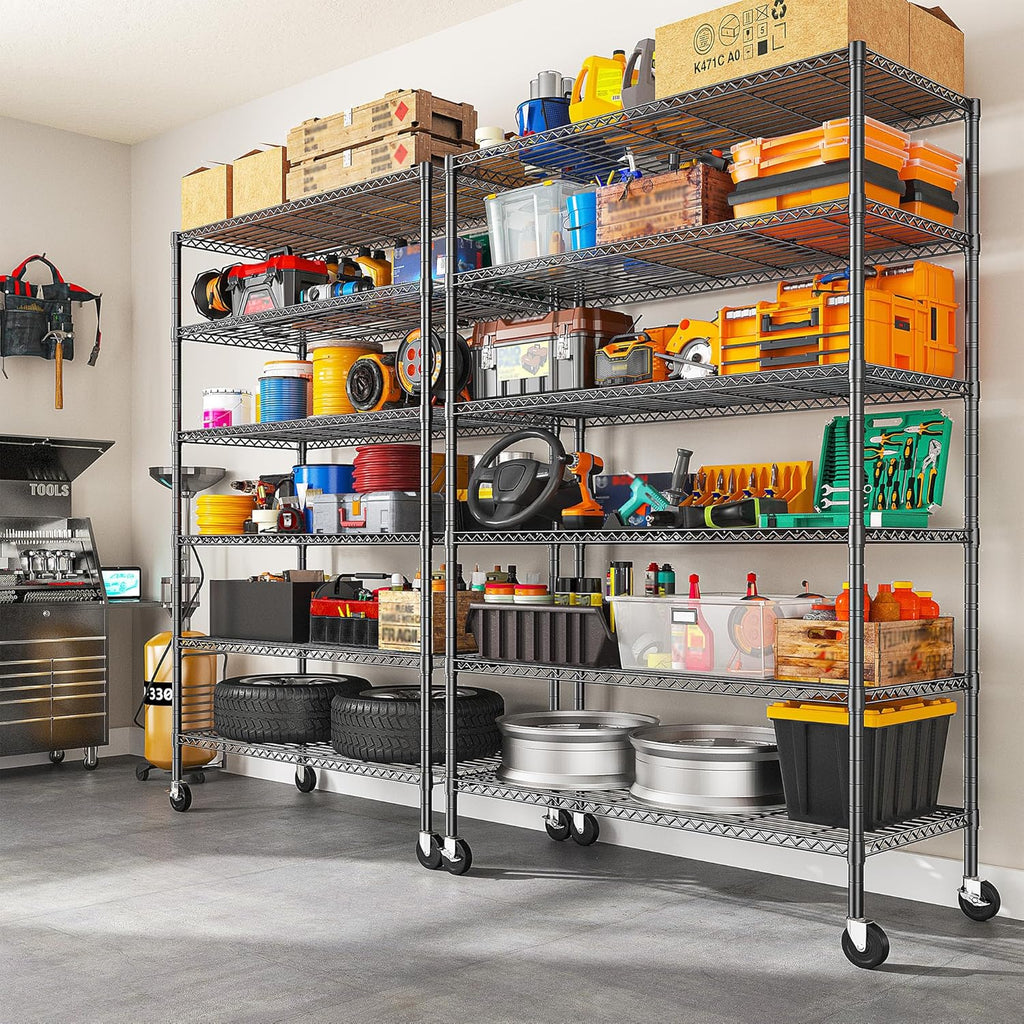 82" H X45 W X18 D Storage Shelves with Wheels, 6 Tier Wire Shelving Adjustable Metal Shelving Pantry Shelves Capacity 1200LBS for Garage Shelving, Pantry, Kitchen, Closet, Commercial, Black