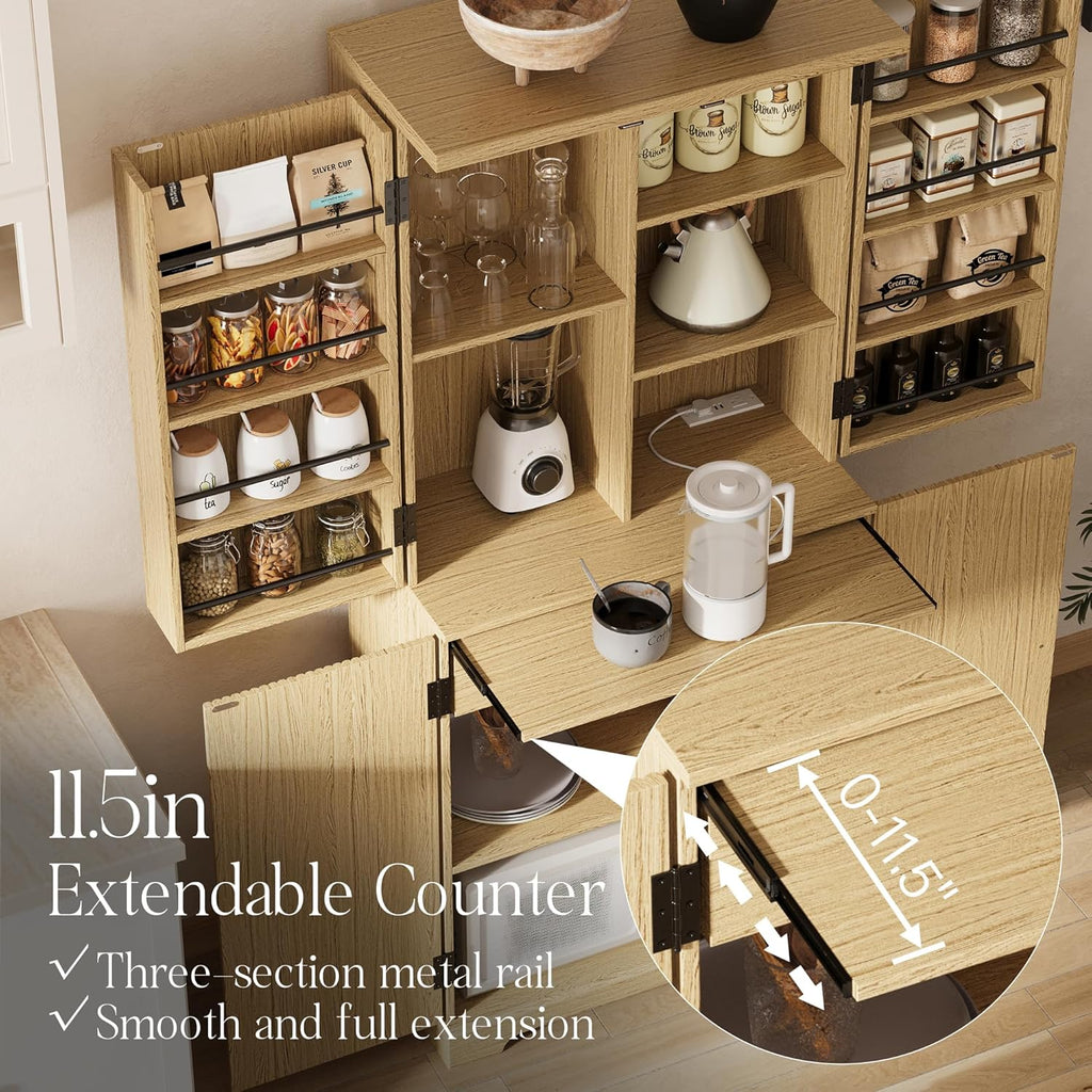 71" Fluted Pantry Storage Cabinet with Charging Station, Wood Cupboard with Extendable Counter, Adjustable Shelves &Door Racks for Kitchen, Dining Room, Living Room, Natural Oak