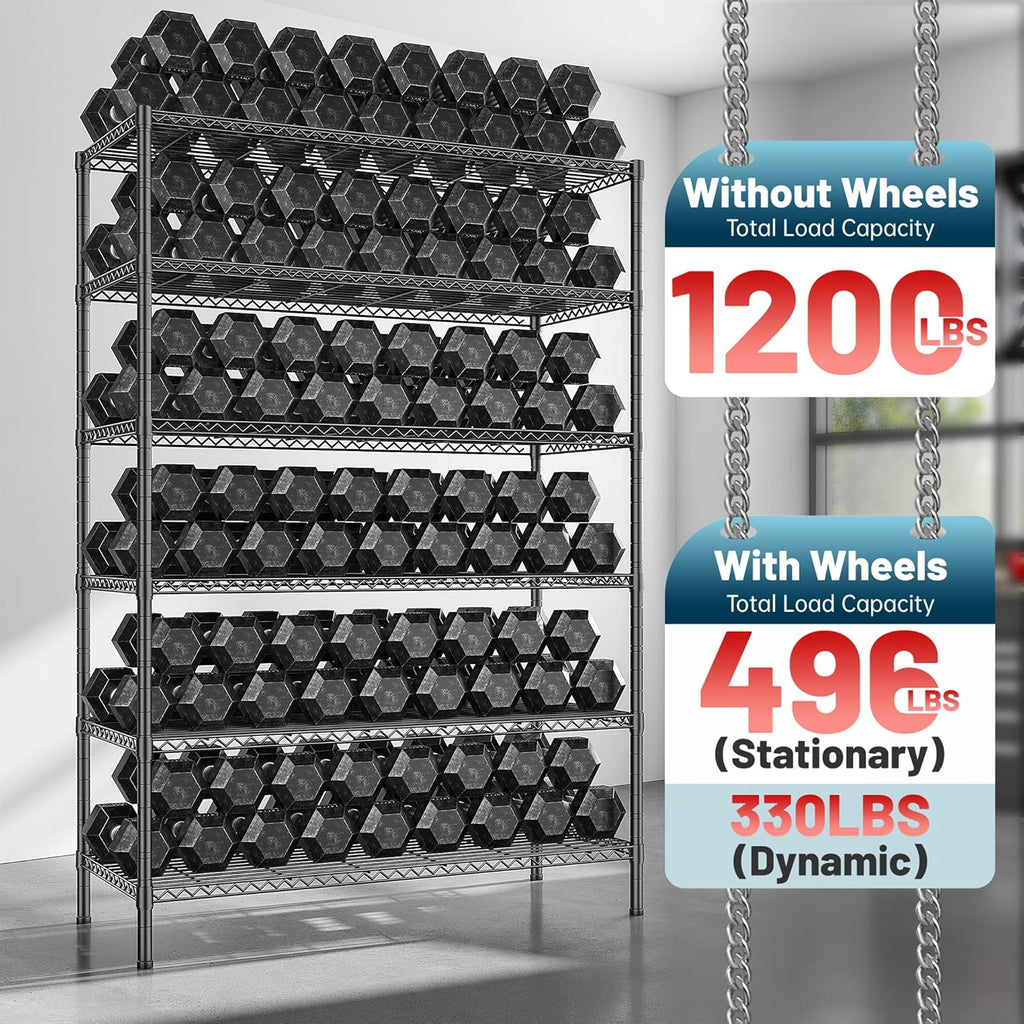 82" H X45 W X18 D Storage Shelves with Wheels, 6 Tier Wire Shelving Adjustable Metal Shelving Pantry Shelves Capacity 1200LBS for Garage Shelving, Pantry, Kitchen, Closet, Commercial, Black