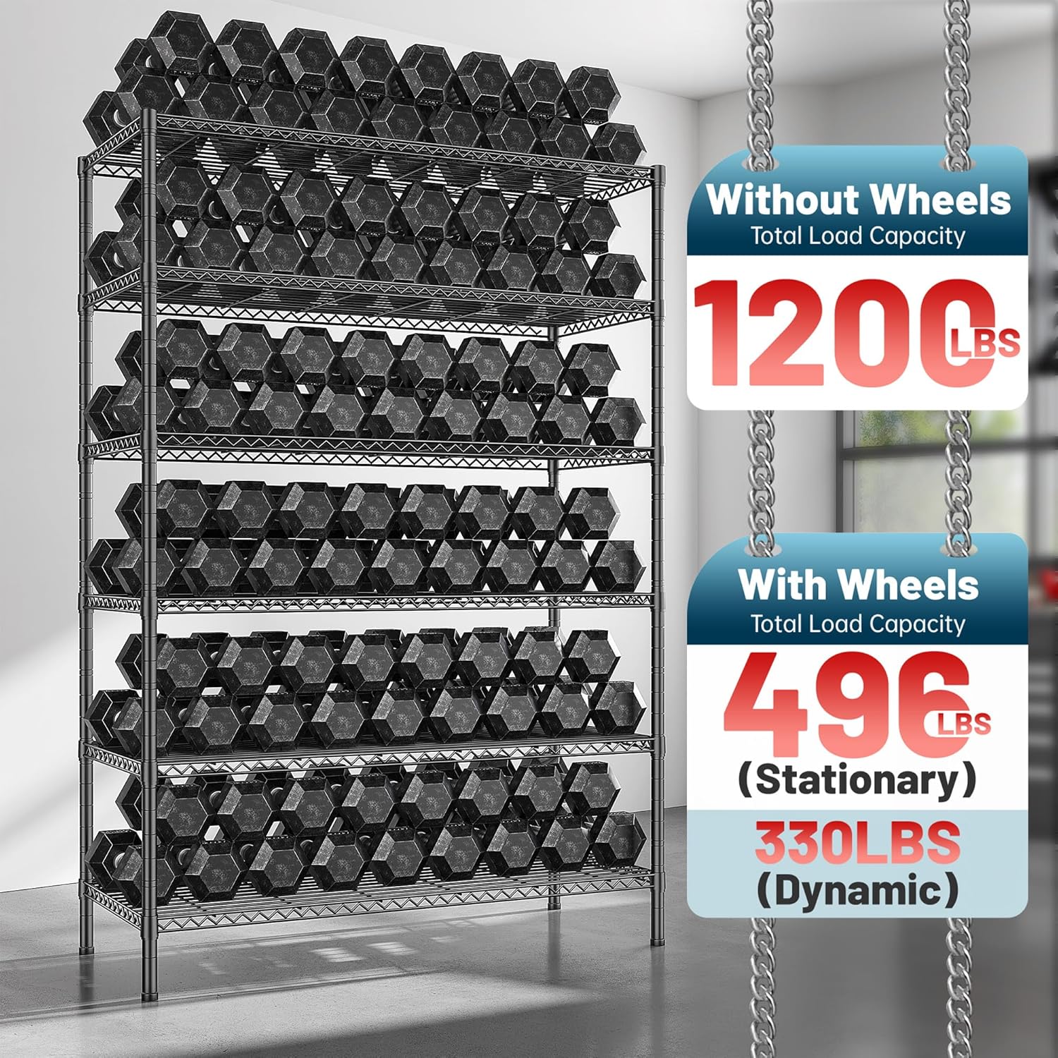 82" H X45 W X18 D Storage Shelves with Wheels, 6 Tier Wire Shelving Adjustable Metal Shelving Pantry Shelves Capacity 1200LBS for Garage Shelving, Pantry, Kitchen, Closet, Commercial, Black