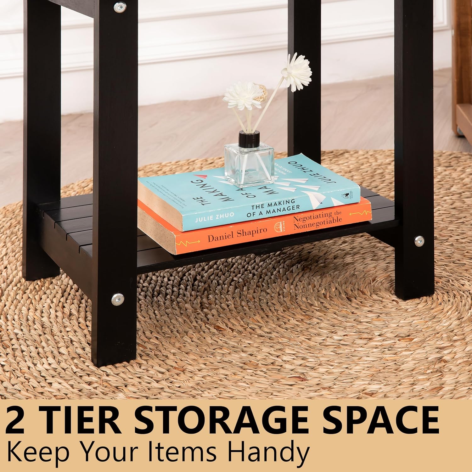 Black Adirondack Outdoor Accent Table – Weather-Resistant Acacia Wood Outdoor End Table with Double Storage, Small Porch Table for Patio, Garden, Lawn, Balcony, and Living Room Use