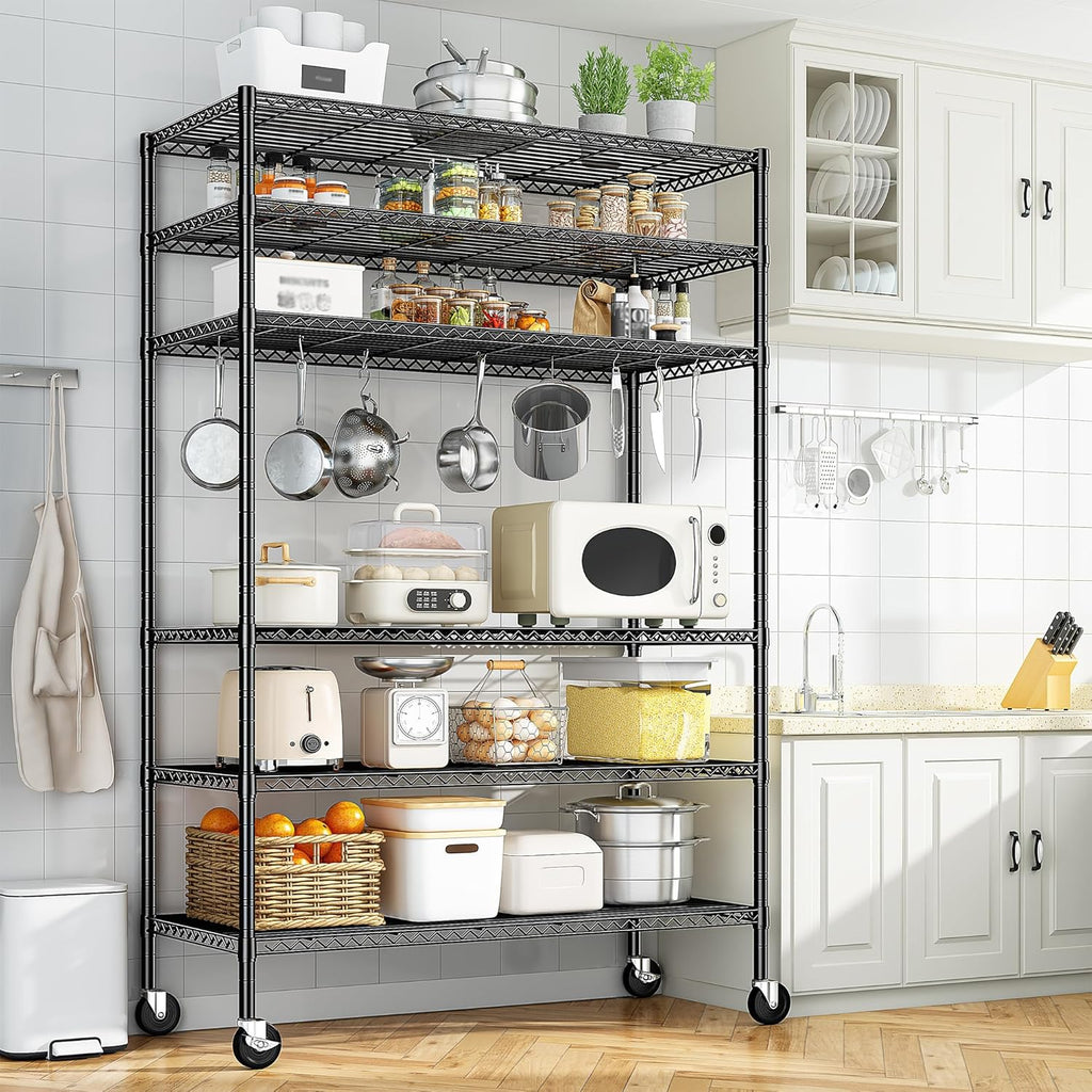 82" H X45 W X18 D Storage Shelves with Wheels, 6 Tier Wire Shelving Adjustable Metal Shelving Pantry Shelves Capacity 1200LBS for Garage Shelving, Pantry, Kitchen, Closet, Commercial, Black