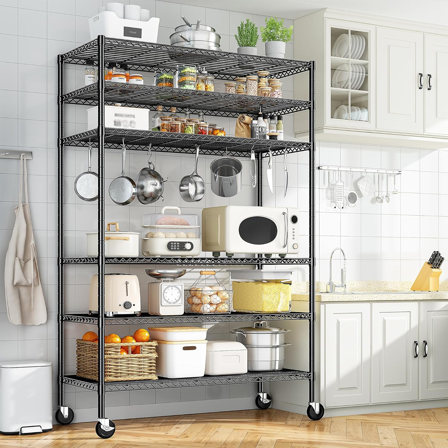 82" H X45 W X18 D Storage Shelves with Wheels, 6 Tier Wire Shelving Adjustable Metal Shelving Pantry Shelves Capacity 1200LBS for Garage Shelving, Pantry, Kitchen, Closet, Commercial, Black