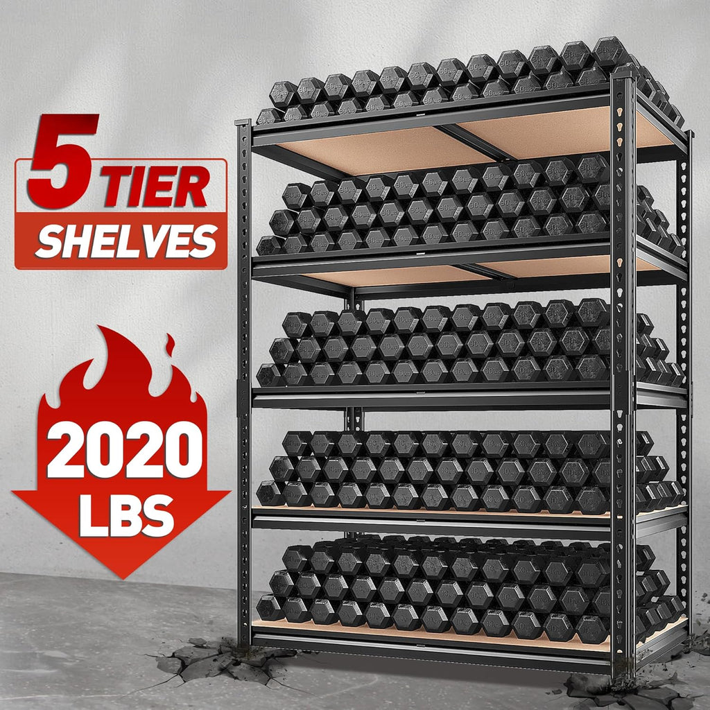 REIBII 2020LBS Storage Shelves 5 Tier Garage Shelving Heavy Duty, Adjustable Metal Shelving Unit, Garage Shelves for Basement, Warehouse, Pantry, Closet, Kitchen 72" H x 35.55" W x 16" D, Black